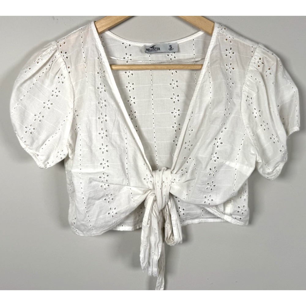 Hollister White Eyelet Tie-Front Puff Sleeve Crop Top Sz S Cottagecore Peasant